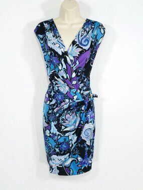 Cache Faux Wrap Dress Sz 4 Stretchy Blue Paisley Side Buckle Y2K Whimsy